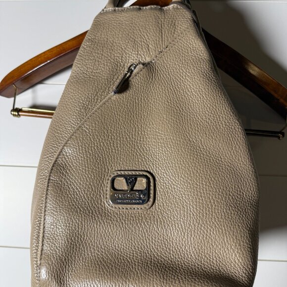 Valentina Italian Bag Sling Backpack Shoulder Pebble Leather Taupe - Picture 1 of 13